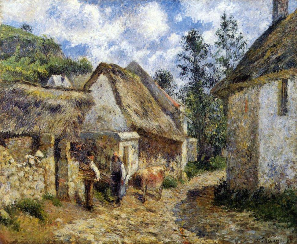 A Street in Auvers -Thatched Cottage and Cow - Camille Pissarro Paintings